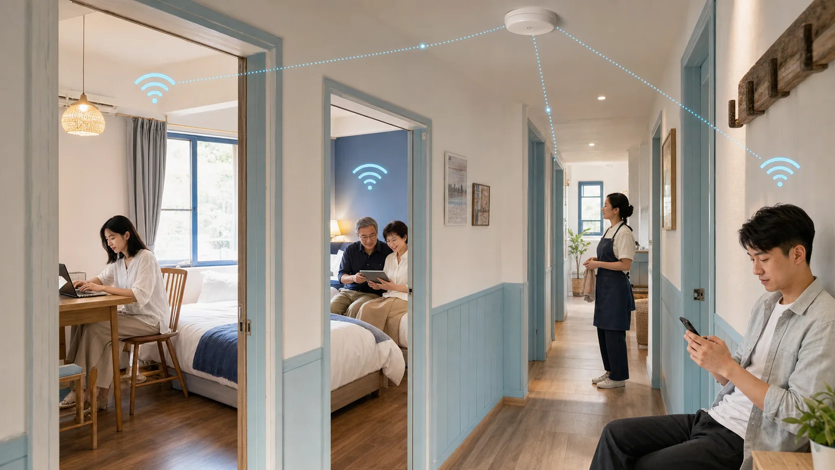 台灣民宿多間客房由走廊基地台提供穩定 Wi-Fi，旅客在不同房間使用筆電平板與手機