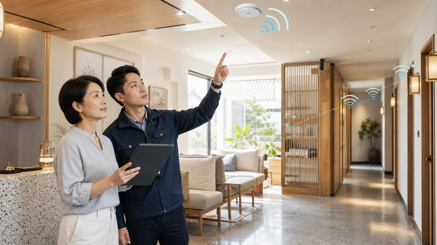 台灣民宿主人與網路技術人員檢查走廊基地台及各房 Wi-Fi 訊號