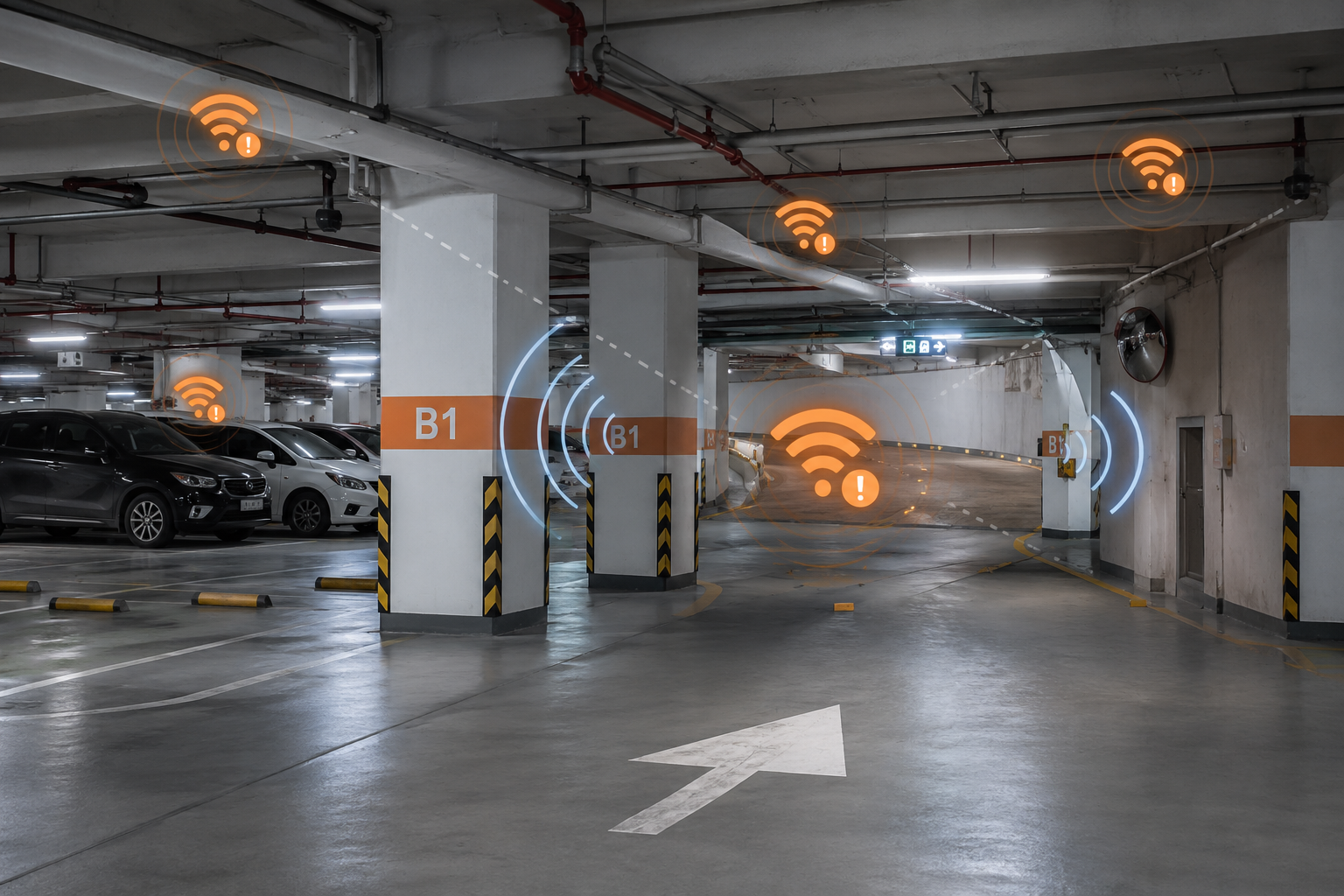 社區地下室 Wi-Fi 死角與訊號遮蔽示意