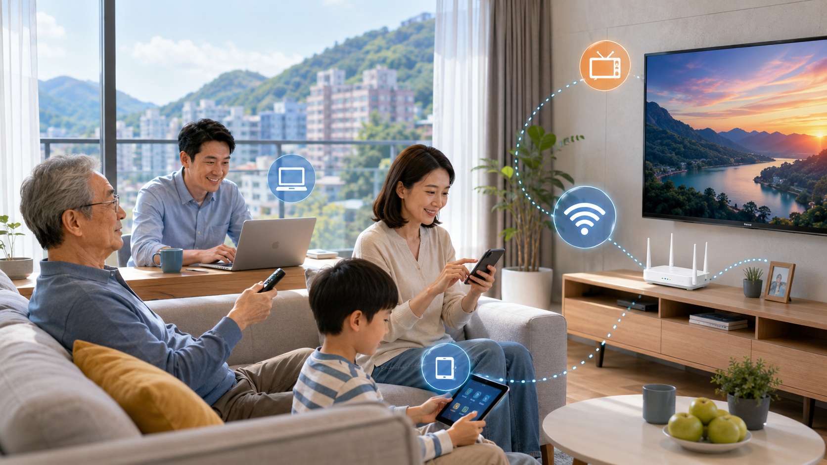 家庭同時使用影音平台第四台與 Wi-Fi 示意圖