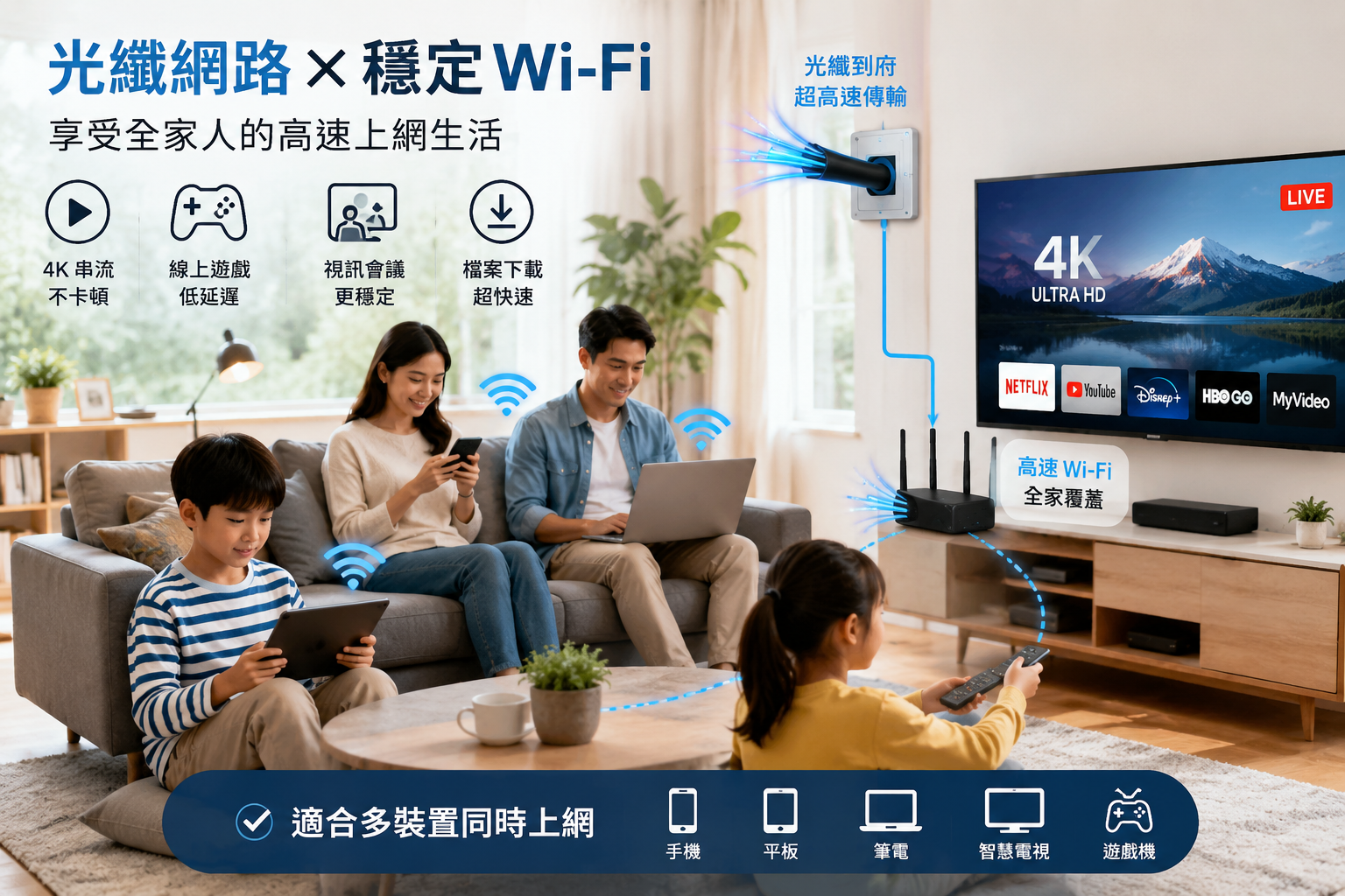 光纖網路搭配 Wi-Fi 追劇上網示意圖