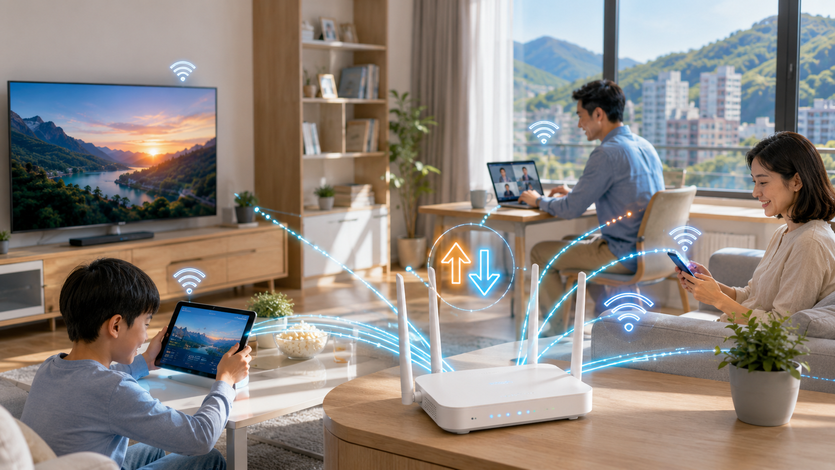 光纖網路與 Wi-Fi 穩定支援家庭影音示意圖