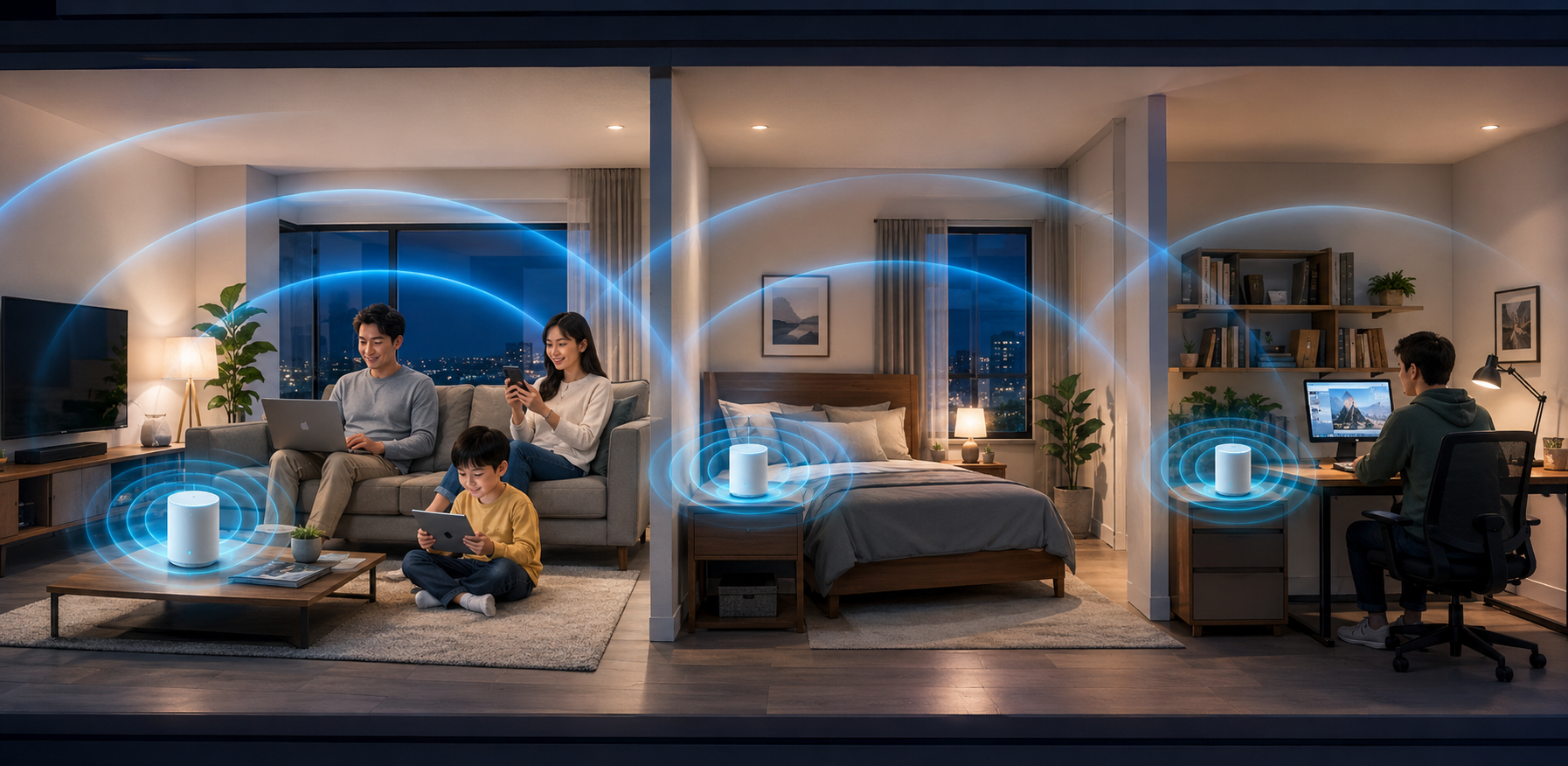 Mesh Wi-Fi 全屋覆蓋示意圖，家中客廳、臥室與書房皆有穩定 Wi-Fi 訊號