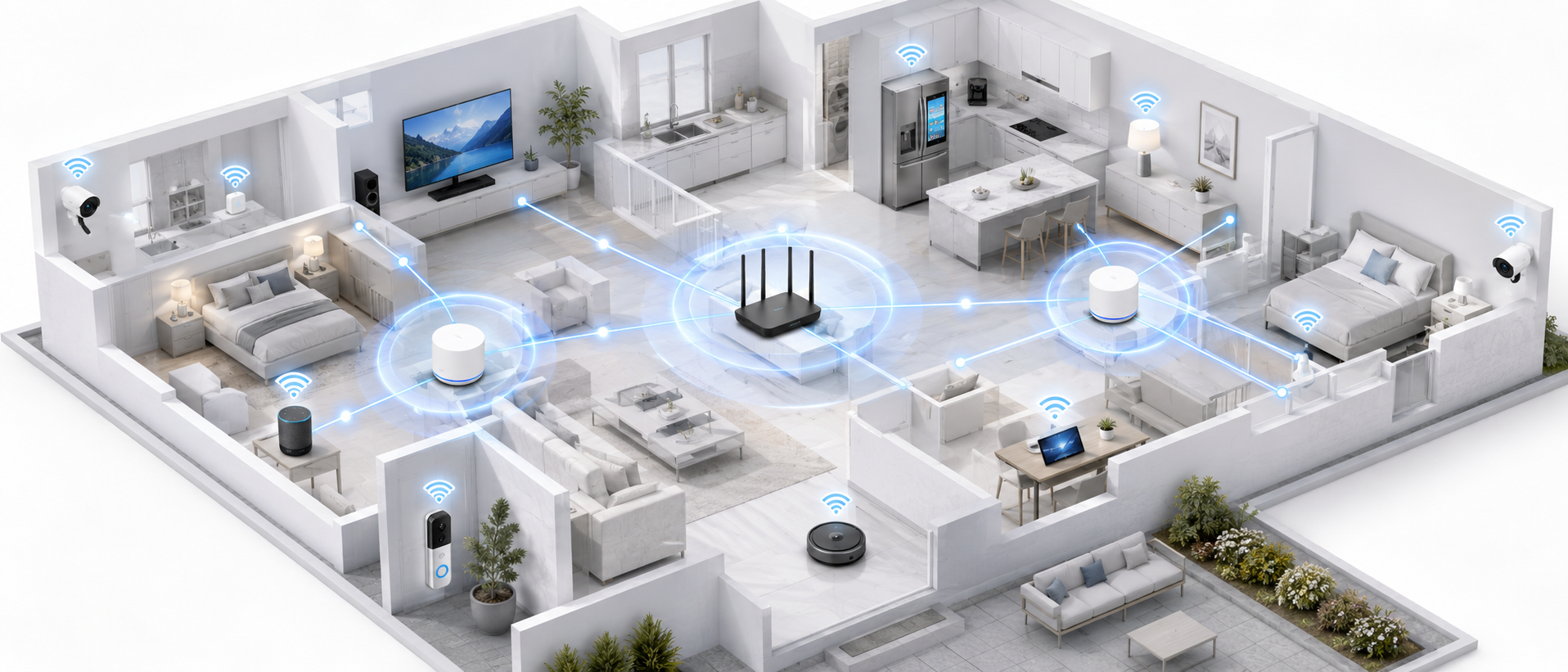 Mesh Wi-Fi 覆蓋 IoT 智慧家庭設備示意圖