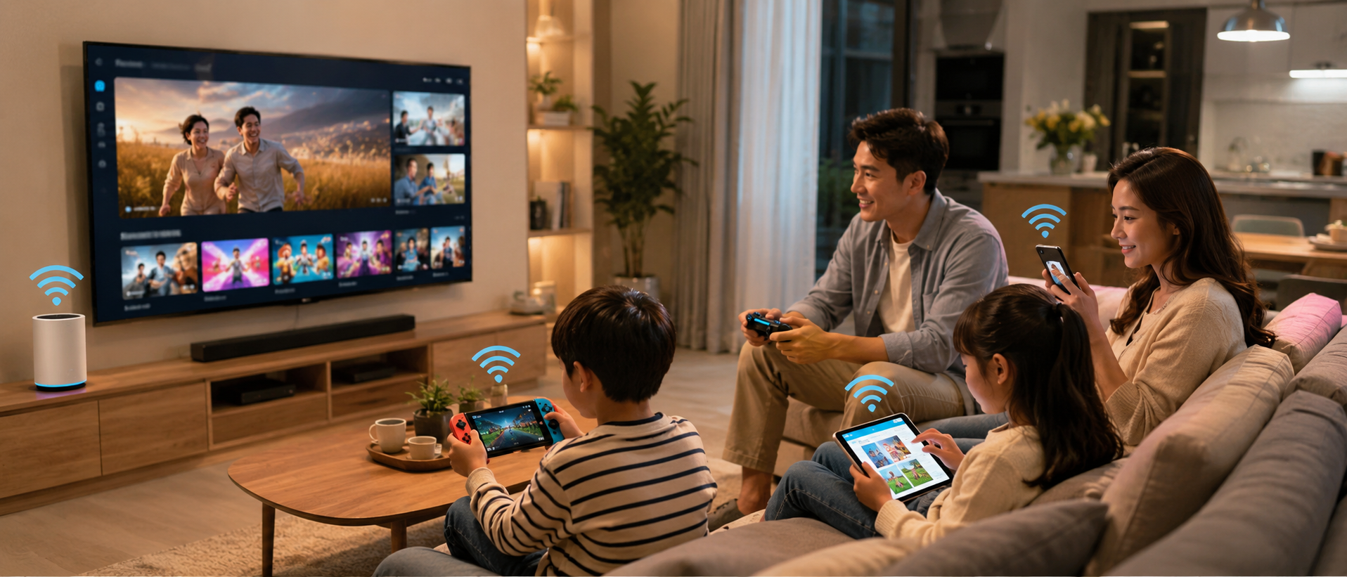 家庭客廳 Wi-Fi OTT 遊戲與手機平板使用情境，全家在沙發看電視玩遊戲使用智慧裝置