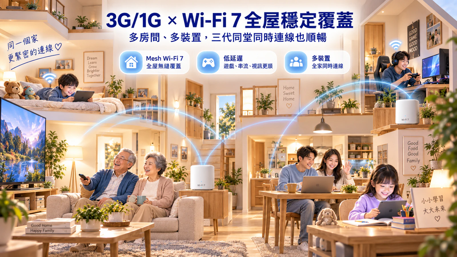 台灣大寬頻 3G/1G 搭配兩台 Mesh Wi-Fi 7，三代同堂家庭全屋多房間穩定連線示意