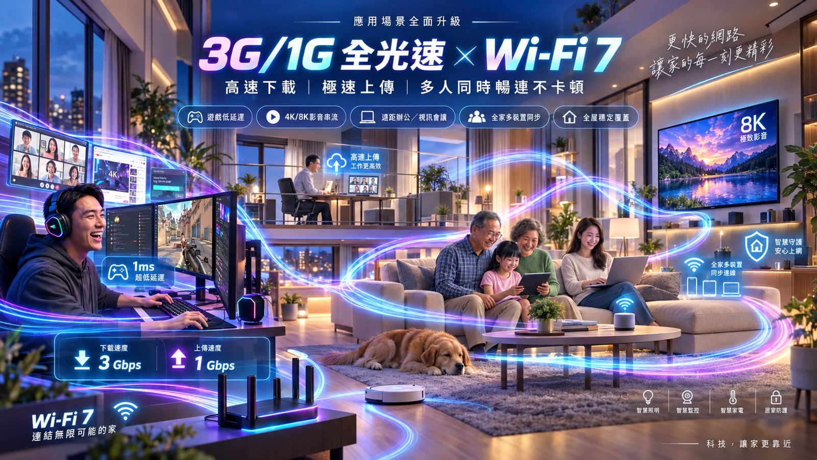 台灣大寬頻 3G/1G 網路搭配 Wi-Fi 7 與家庭影音，三代同堂在客廳看電視與使用平板的溫暖家庭情境